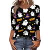 Women's Casual 3/4 Sleeve Halloween Graphic Top Crew Neck Printed Shirt Lightweight Comfortable Fit