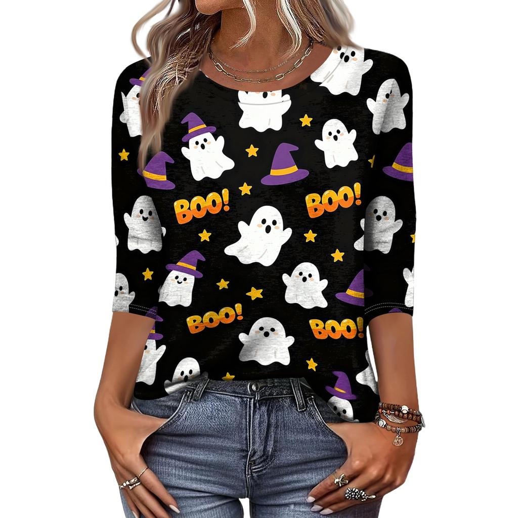 Women's Casual 3/4 Sleeve Halloween Graphic Top Crew Neck Printed Shirt Lightweight Comfortable Fit