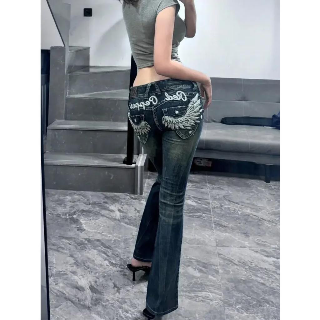 RogueWave American Retro Design Wing Embroidery Low Waist Women Jeans Flared Trousers Y2k Fashion Casual Hot Girl Pants