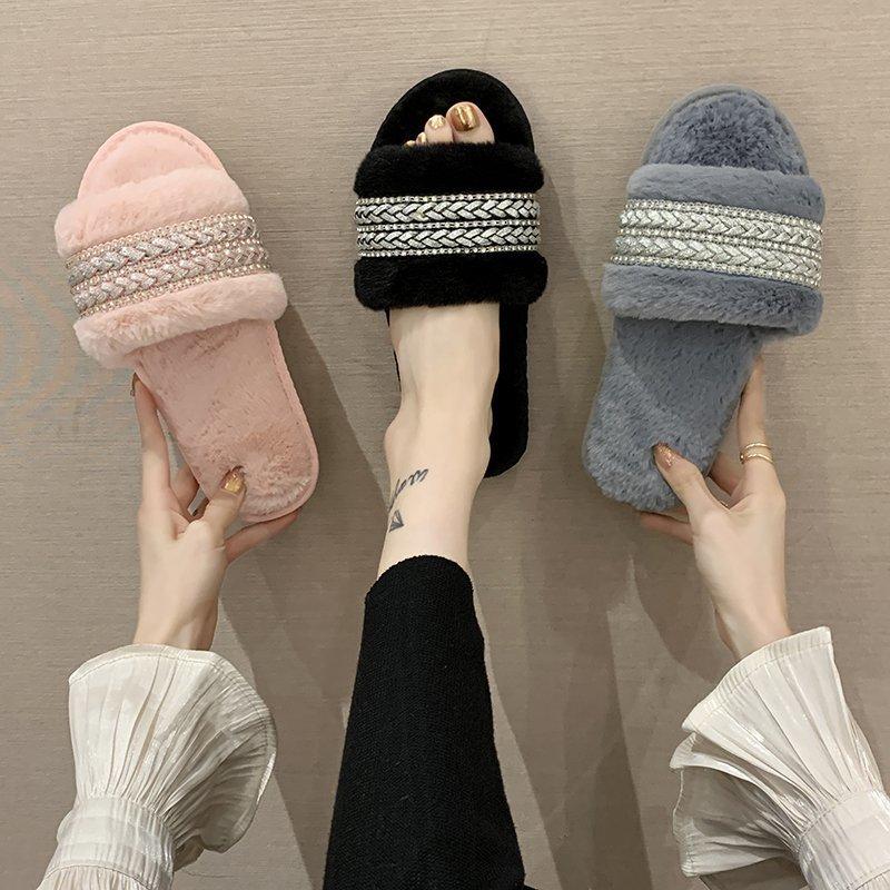 Mao Mao Webbing Slippers 2025 New Home Flat Bottom Warm Slippers Fashion Cotton Slippers