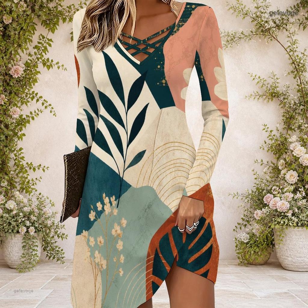 Women Criss Cross V Neck Long Sleeve Fitted Halloween Printed Curved Hem Dress
