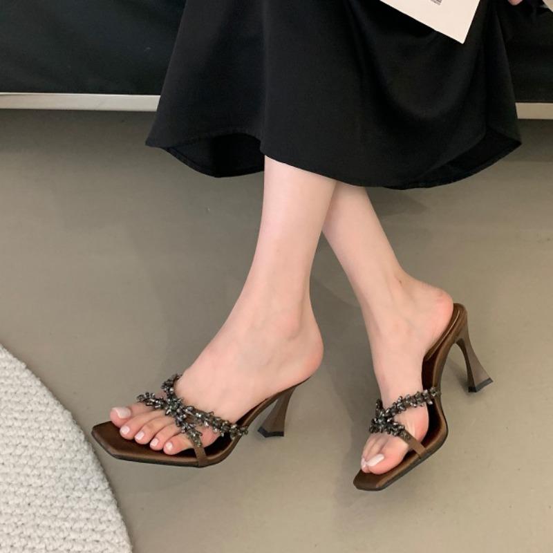 Eilyken Street Style CRYSTAL Narrow Band Slippers Woman Open Toe Thin High Heels Sandals Stripper Party Slides Shoes