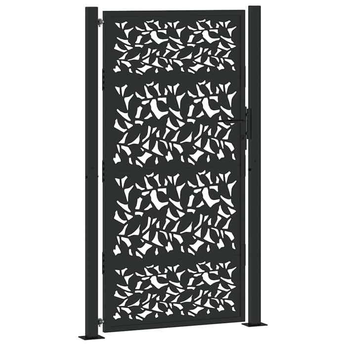 VidaXL Portail de jardin noir 105x180 cm acier conception de feuilles, porte de clôture, porte extérieure, porte en métal, 4100962