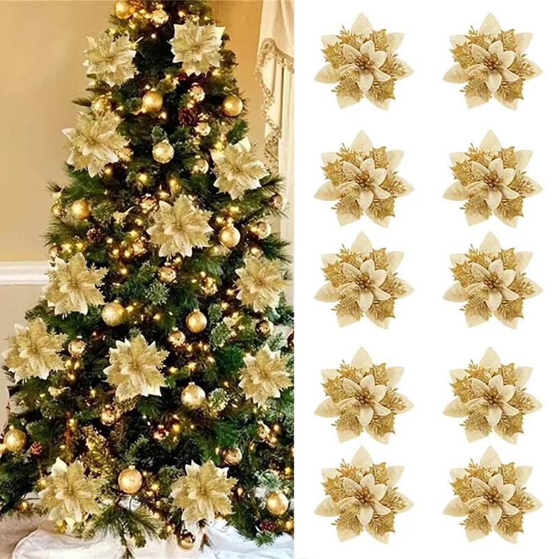 5/10 buc Ornamente Flori de Crăciun 14,5 cm, Roz, Roșu, Auriu, Flori Artificiale Sclipitoare Pentru Pomul de Crăciun, Decorațiune de Crăciun Pentru Casă