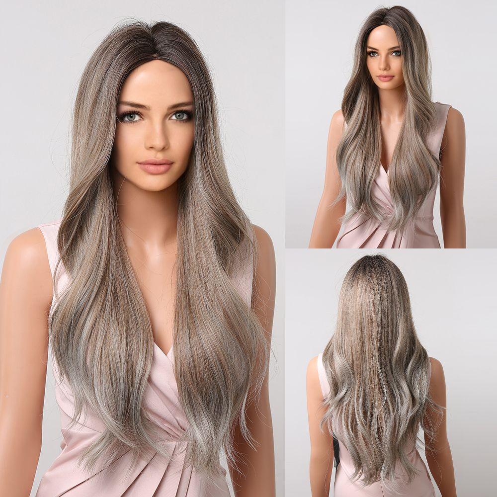 Long Wavy Synthetic Wigs for Black Women Dark Brown Wig Natural Middle Parting Wavy Daily Cosplay Hair Heat Resistant