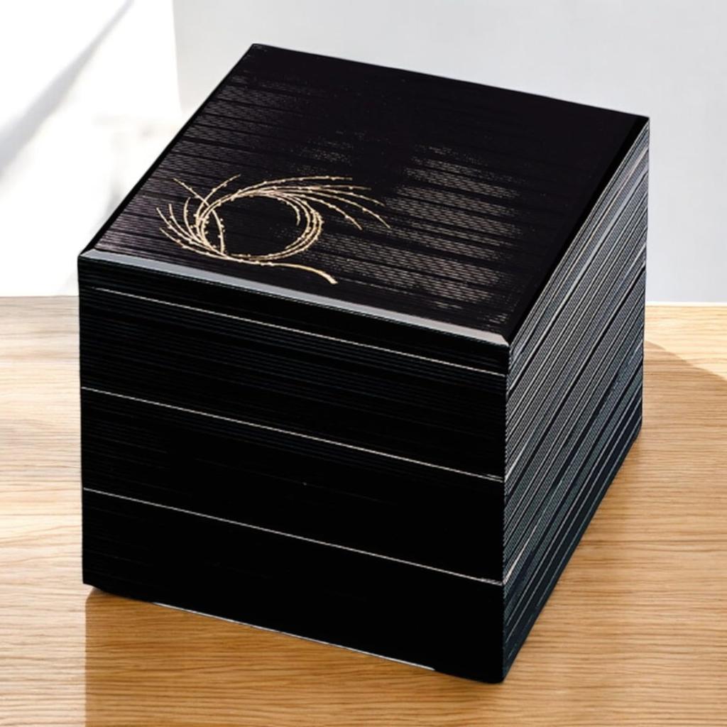 J-kitchens Lacquerware 3-Tiered Jubako Box, 8.5 inches, Black with Senjiki and Willow Knots, 25cm, Resin, Made in Japan