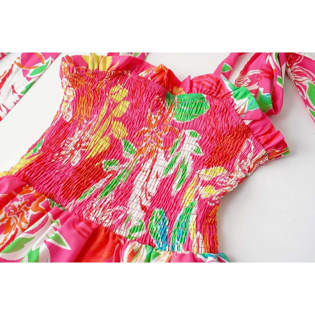 Summer Women Leaf Print Wrap Chest Tie Strap Dress, Casual Fashion Dresses for Women