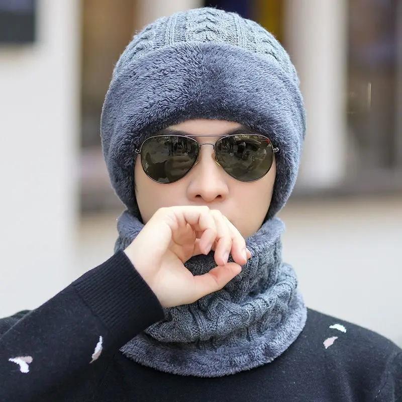 WTEMPO Windproof Cold-proof Warm Knitted Hat & Scarf Set Men's Autumn Winter Solid Color Plush Outdoor Cycling Soft Hats