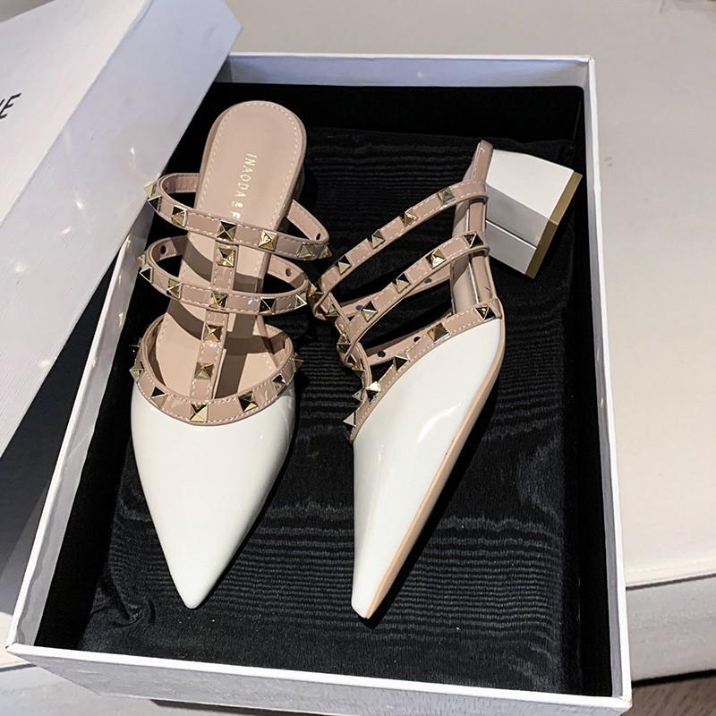 Fashion Studded Pointed Toe Patent Leather Block Heel High Heels 2025 Summer New Women's Shoes Half Slippers