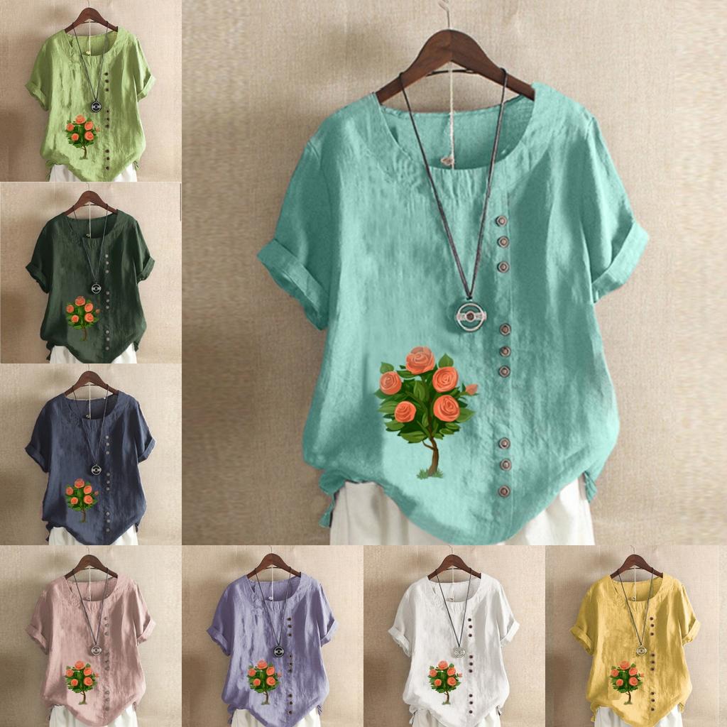 Dámská móda Tričko s kulatým výstřihem Krátký rukáv Pro volný čas Bavlna Povlečení Grafika Košile Volný čas Volné květy Letní halenka s potiskem Topy