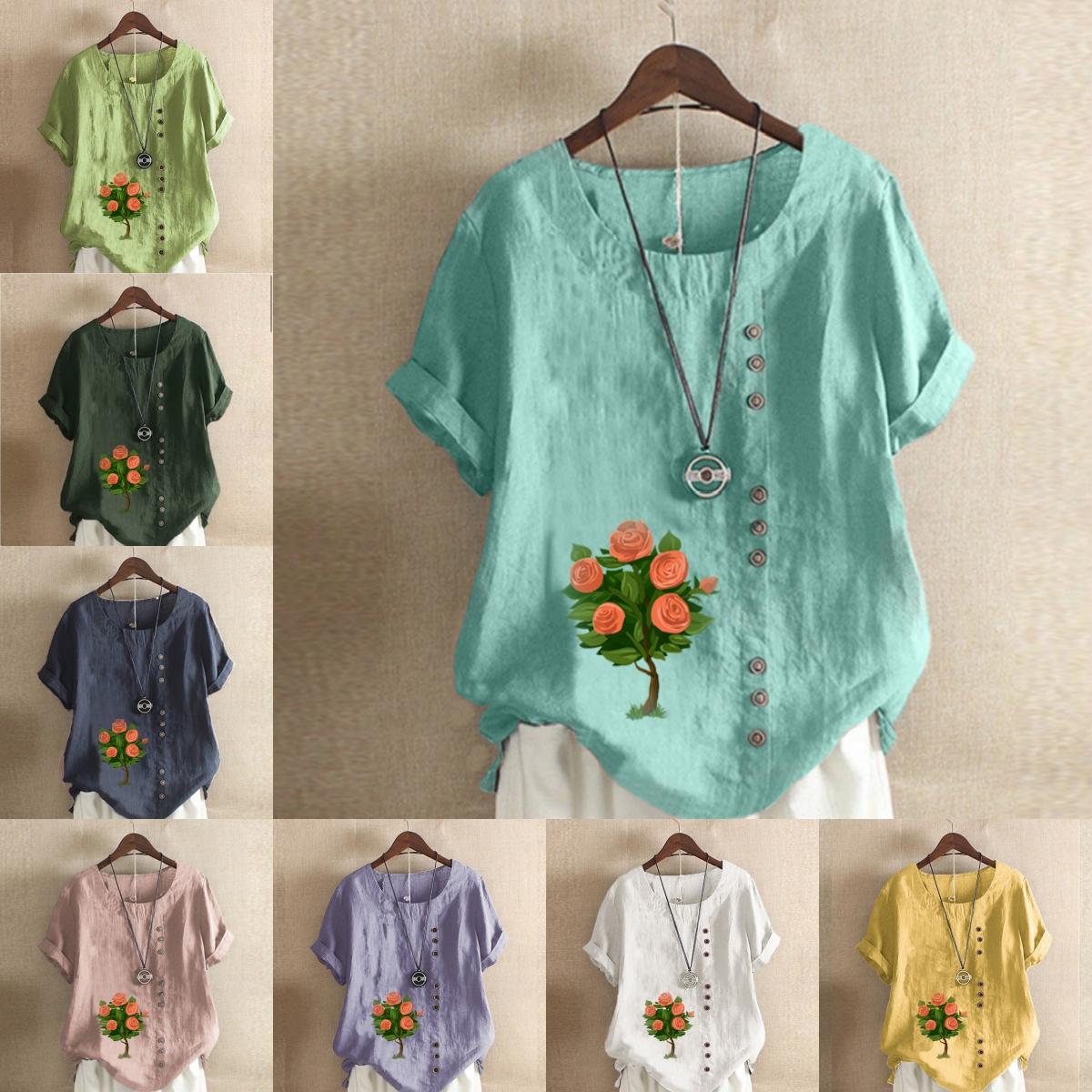 

Жіноча модна футболка з круглим вирізом і короткими рукавами, повсякденна бавовняна лляна сорочка з графічним малюнком, відпочинок, вільні квіти, літні блузки з принтами 5XL зелений