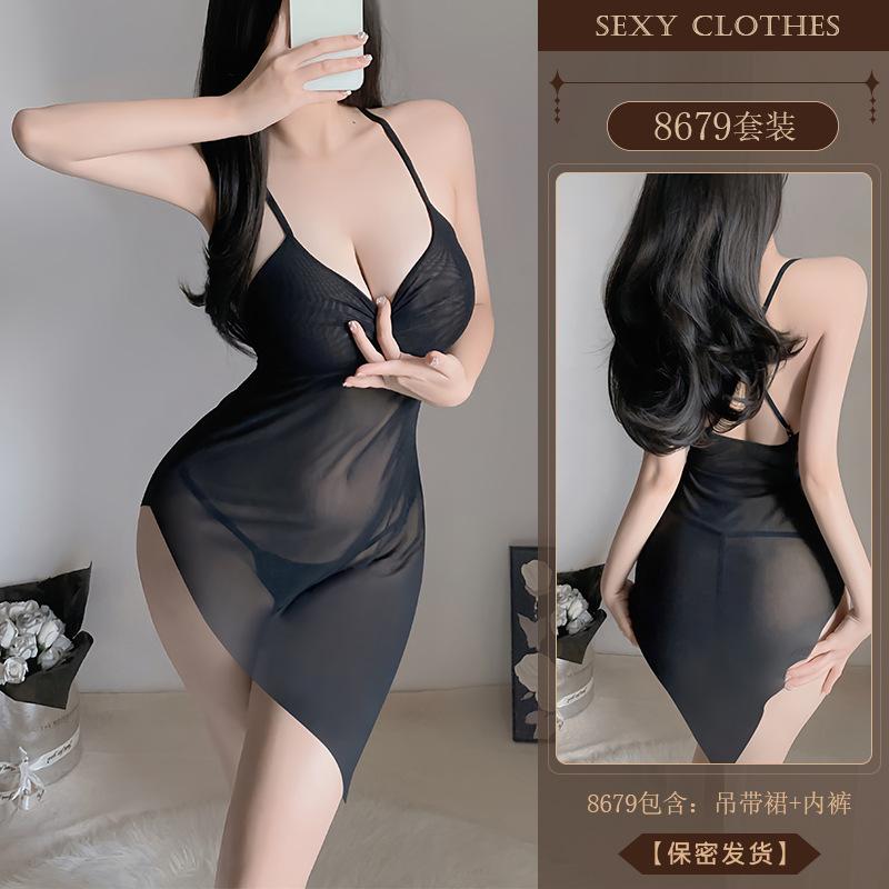 Erotic Underwear, Pure Sensual Halter see-through Seductive nightdress, Hot Slit pajamas, no-take Uniform 8679
