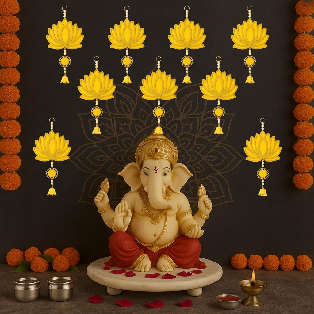 Wooden Lotus Wall Hanging For Festive Decoration, Lotus - Yellow, Pack Of 6