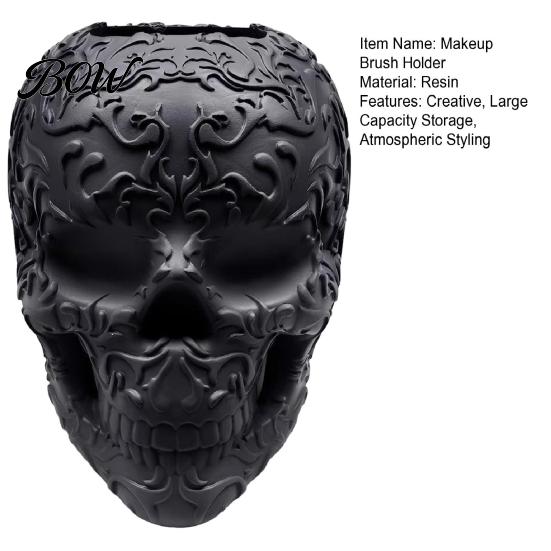 Spooky Home Decorations Halloween Skull Makeup Brush Holder, Matte Black Gothic Skeleton Pen Organizer Holder for Desk, Resin Storage Figurine