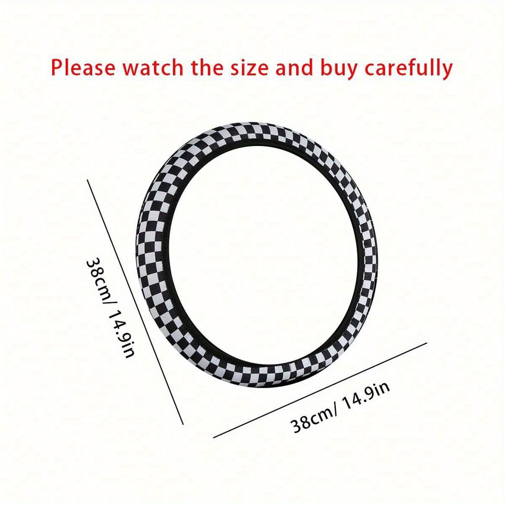 1pc Universal Car Steering Wheel Cover, Four Seasons Breathable Sweat-Proof Anti-Slip Cute Cartoon Checker Checkerboard Color Splicing Web Celebrity