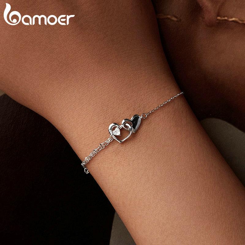 Bamoer 925 Sterling Silver Jewelry Forever Love Heart Double Chain Bracelet Friendship Adjustable Charm Bracelet Gift for Women