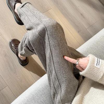 Autumn Winter High-waisted Tweed Straight Pants Women' S Slimming and Spliced Pants Loose Casual Herringbone Warm Thickened Cropped Pants