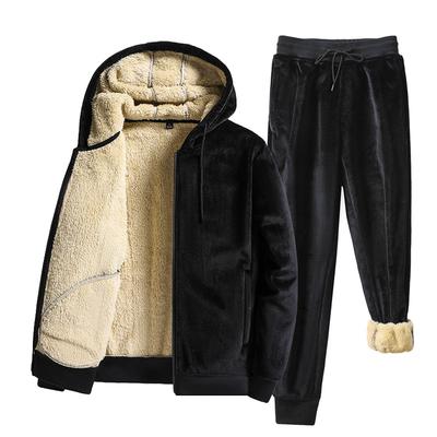 Men Autumn Winter Fleece Parka Sets Men Warm Tracksuits Winter Thick Lamb Two Pieces Set Mens Tracksuit Hooded Jacket + Pants Set