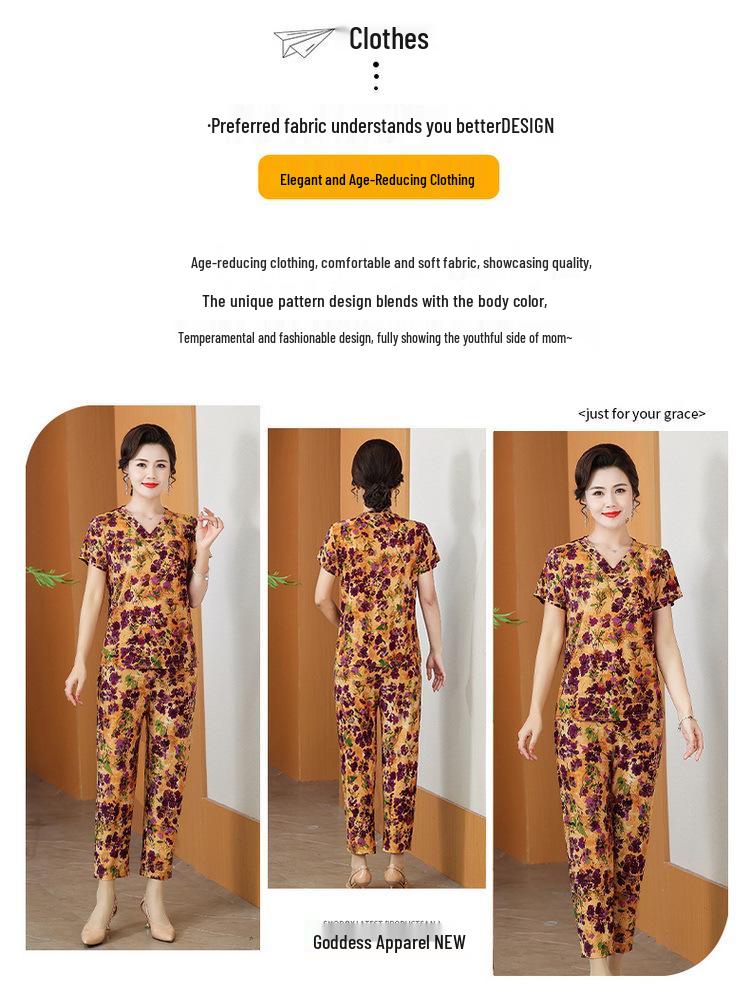 Summer Printed Short-Sleeve T-shirt and Loose Pants Set for Middle-Aged and Elderly Mothers