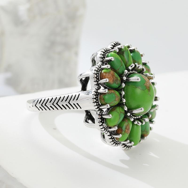 Ethnic Inlaid Imitation Turquoise Flower Women's Ring Vintage CopperColor Geometry Daily Wear Party Jewelry Anniversary Gift