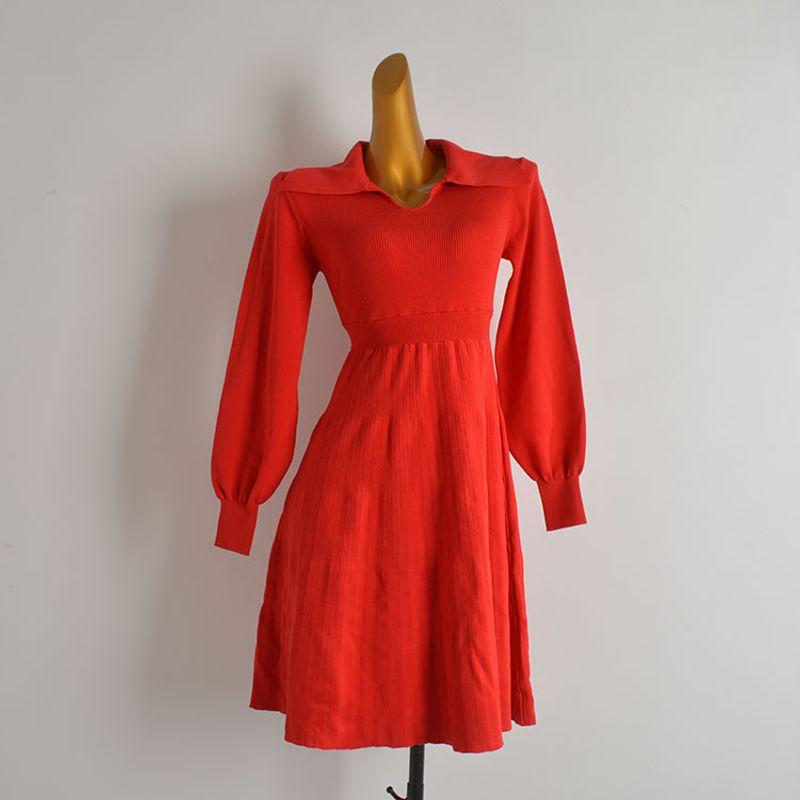 

Fashion Style New Arrival Pure Color Sexy Lapel Knitting Dress Women s Autumn Waist-Tight Slim Looking Mid Length Long Length Bodycon Dress Red One size
