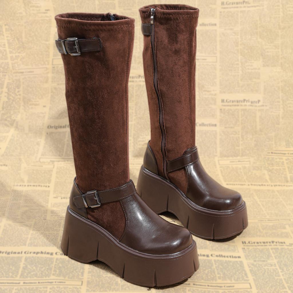 Retro French Black Platform Boots Women's 2025 New Autumn Small Fat Mm Thin and Heightened Knight Boots