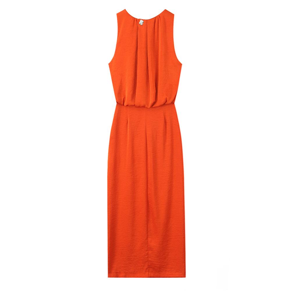 2025 Spring Women's Slim Pleated Round Neck Silk Satin Dress