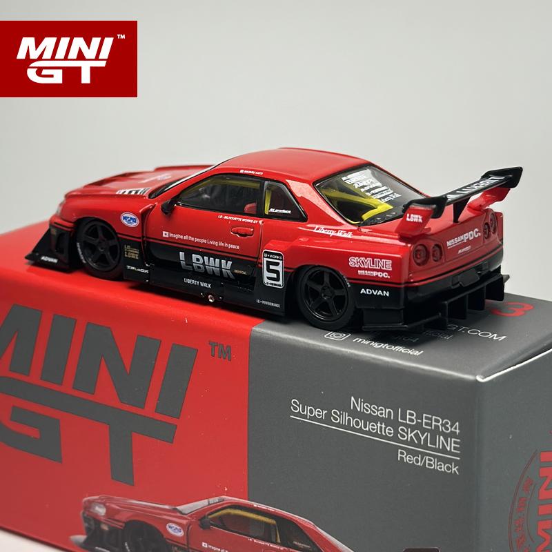 ABE4 MINIGT 1:64 Nissan ER34 LB Super Silhouette SKYLINE Rot/Schwarz MGT Leichtmetall-Automodell 843