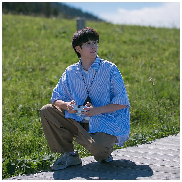 Men's Japanese Striped Short-Sleeve Lapel Shirt - Summer Cityboy Casual Versatile Trendy Brand Jacket