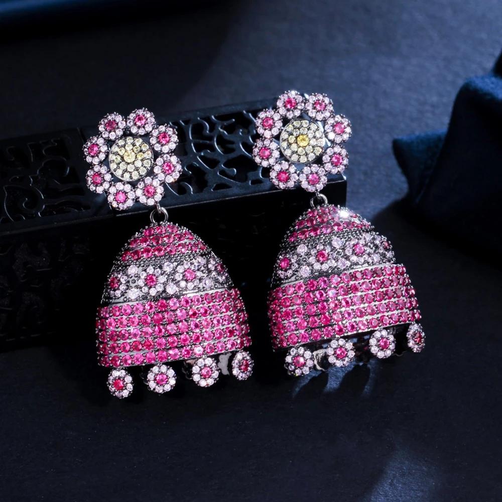 Micro Pave Pink Red Cubic Zirconia Crystal Cluster Flower Luxury Geometric Drop Earrings Women Ethnic Jewelry Engagement Ethnic