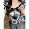Summer Women's Striped T Shirt Square Neck Short Sleeve Half Button Slim Fit Ribbed Casual Tops