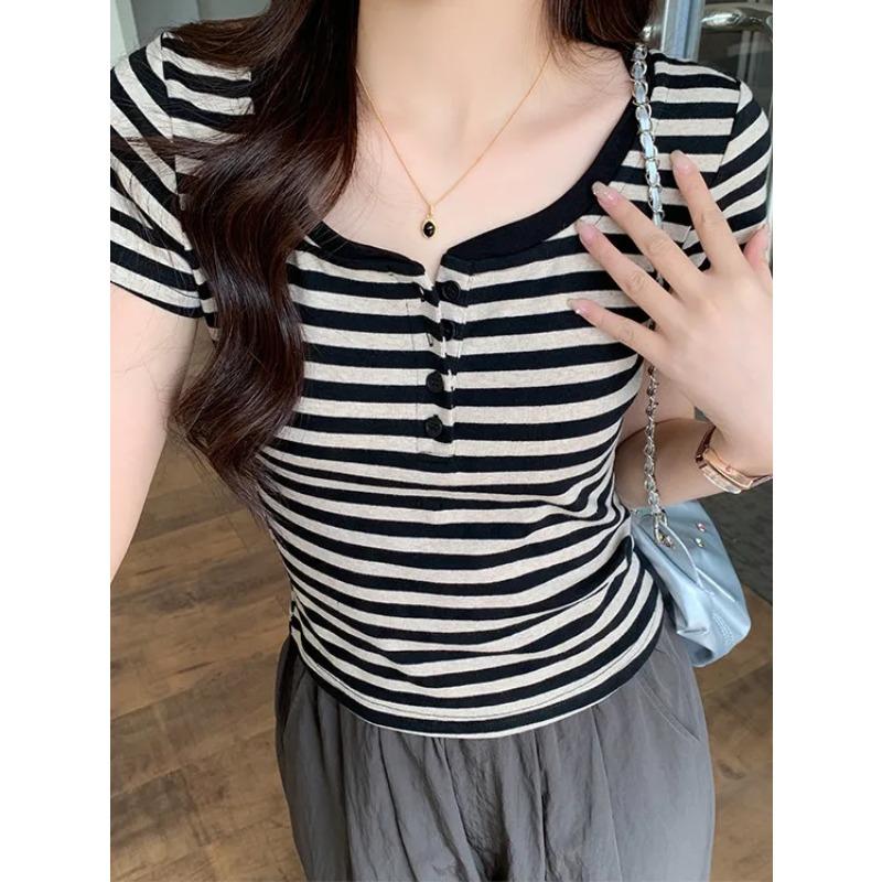 Summer Women's Striped T Shirt Square Neck Short Sleeve Half Button Slim Fit Ribbed Casual Tops
