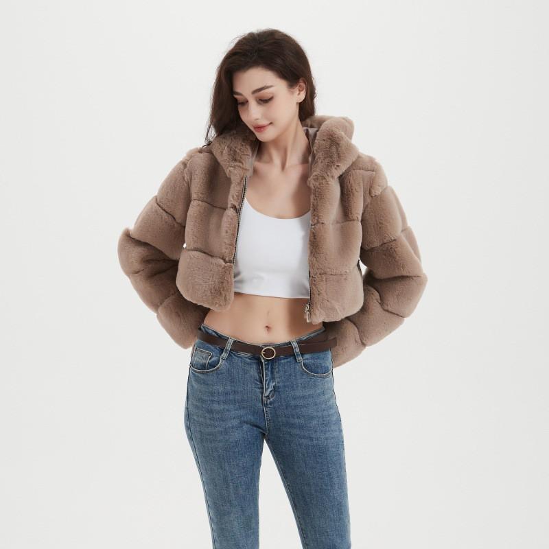 2026 Fall Winter Faux Fur Jacket Women Short Hooded Patchwork Coat Streetwear