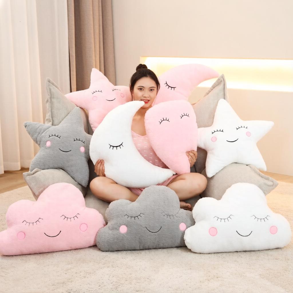 Shy Sky Plush Throw Pillow Stuffed Pink Grey White Cloud Moon Star Water Drop Soft Cushion Sofa Chair Decoration Present