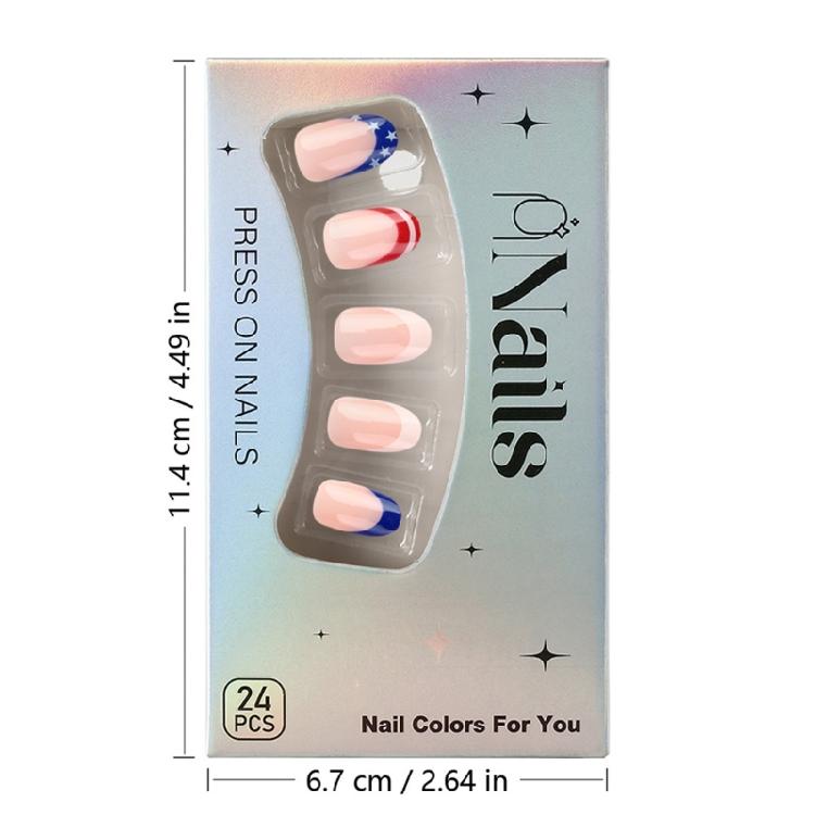 Unghia Finta Quadrata French Tip Unghia a Pressione Copertura Totale Unghia Finta Giorno dell'Indipendenza Unghia da Incollare Unghia Finta Patriottica