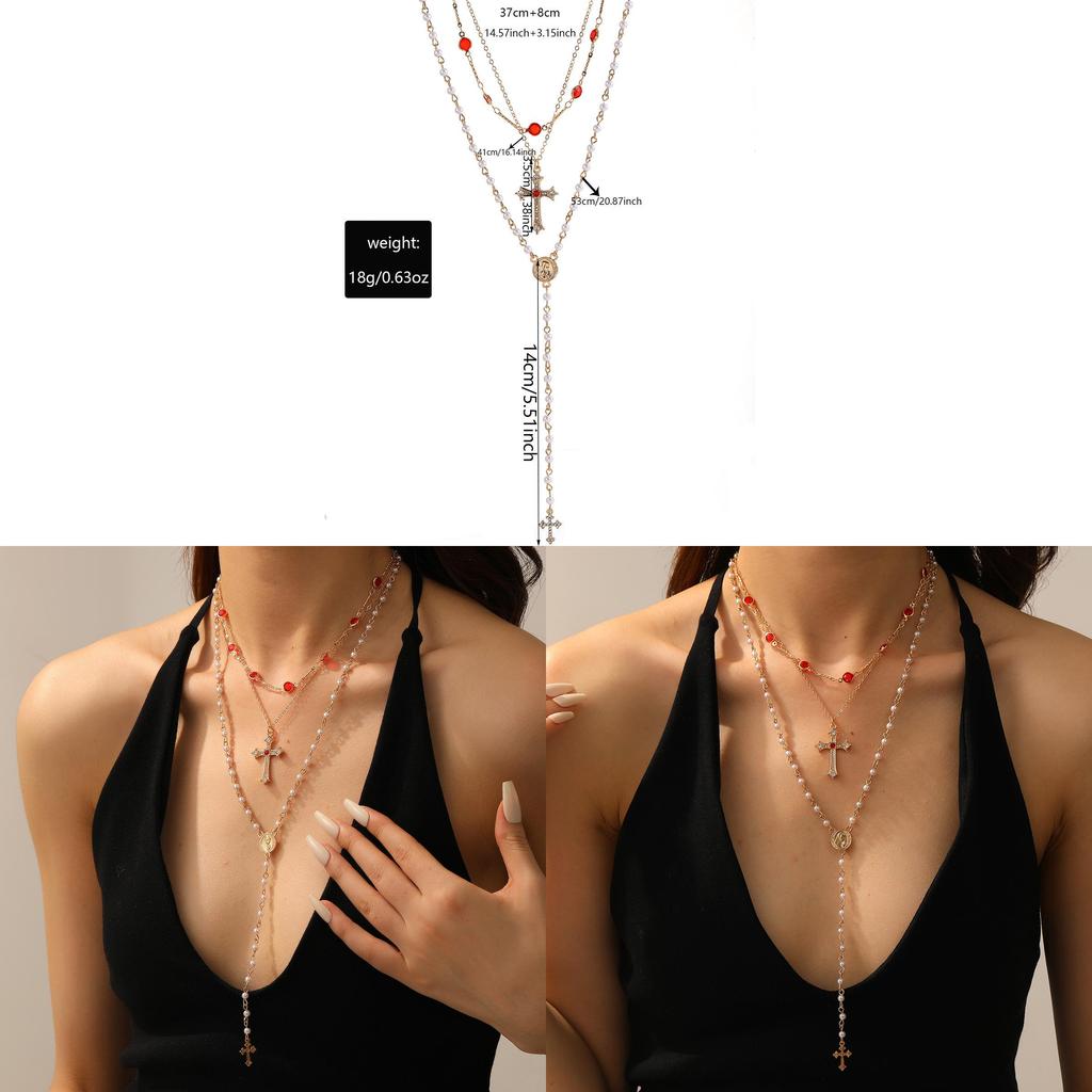 Cross Pendant Necklace With Pearl Look Geometric Design For Womens Fashion Accessories