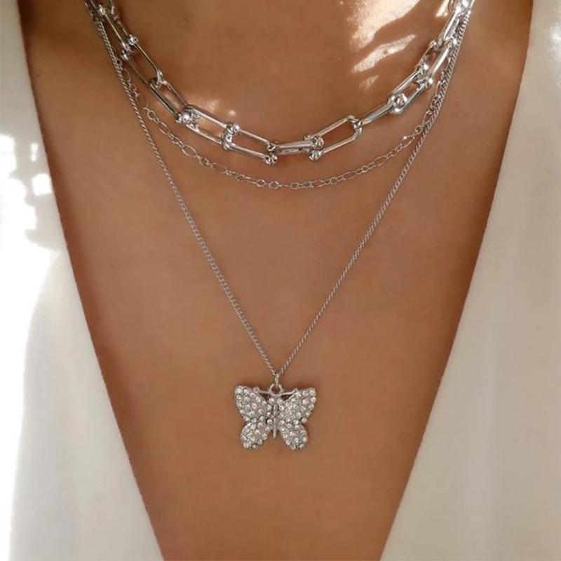 

Diamond butterfly pendant jewelry thick chain multi-layer necklace exaggerated personality collarbone chain