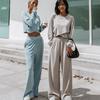 Women Autumn Winter Loose Hoodies Suit Long Sleeve O Neck Top with Wide Leg Pants Solid Color