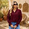 Women's Corduroy V-Neck Long Sleeve Button Front Blouse with Puff Sleeves, Ruffle Trim and Loose Fit