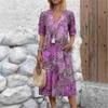 Vintage Dame Midi Kjoler Etnisk Stil Blomstertrykk V-Hals Løs Kjole Pluss Størrelse