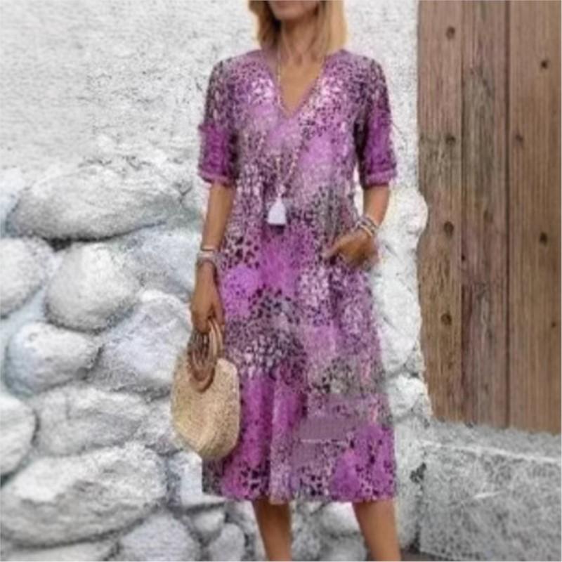 Vintage Dame Midi Kjoler Etnisk Stil Blomstertrykk V-Hals Løs Kjole Pluss Størrelse