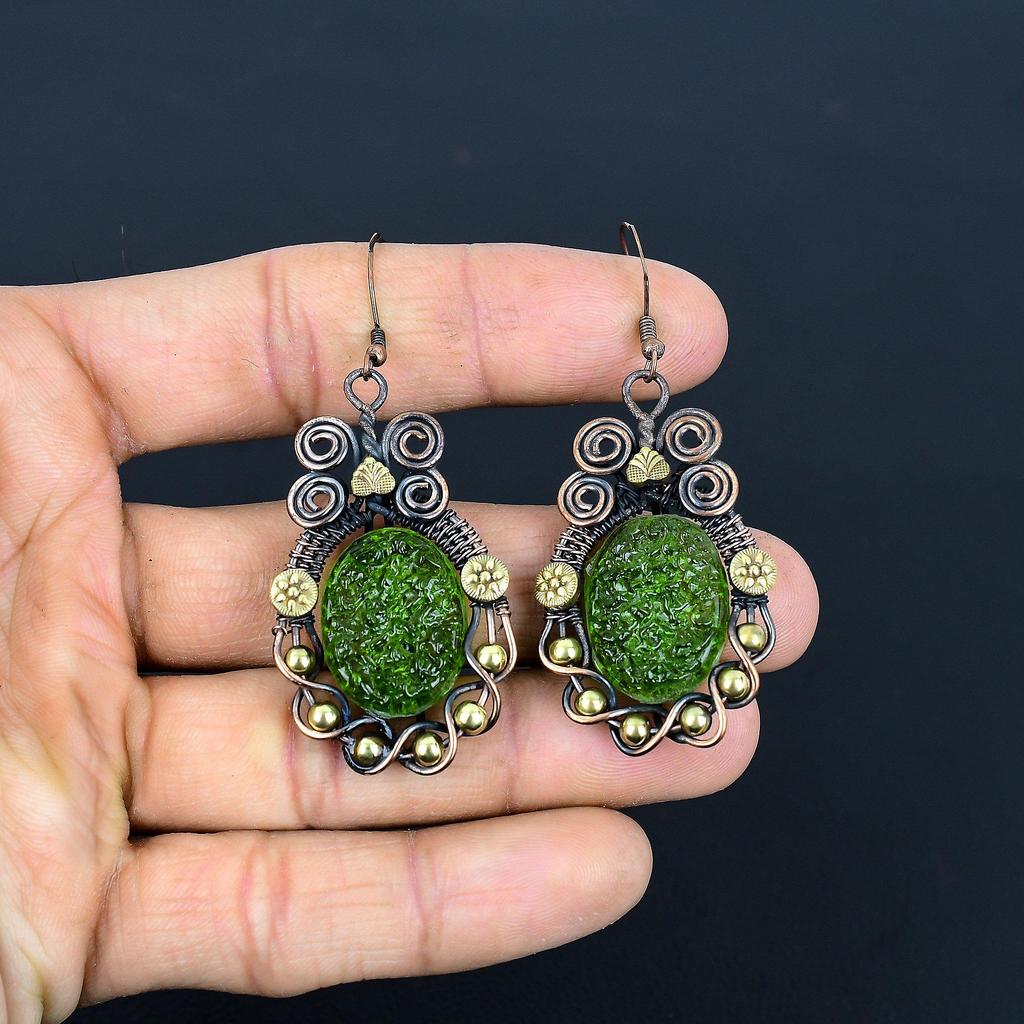 Moldavite Earrings, 999 Copper Wire Wrapped Gemstone Jewelry, Handmade Earrings For Mother Day
