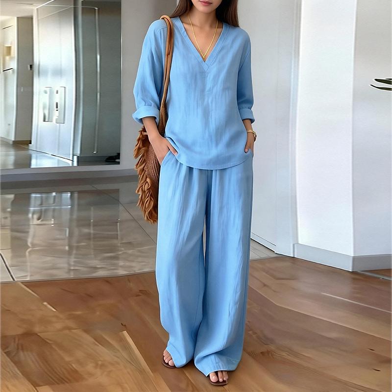 2026 Spring Women's Fashion: Solid Color V-neck Long Sleeve Top & Long Pants Set
