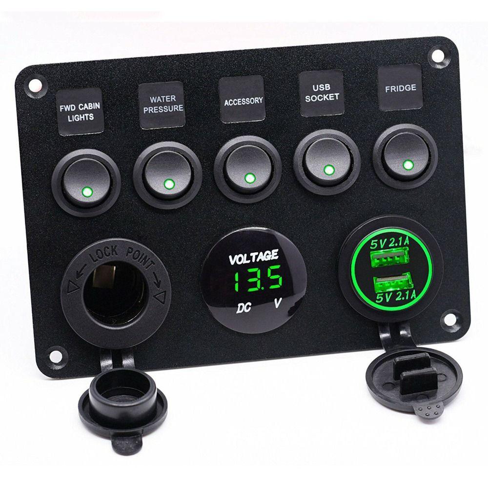 Dual USB Socket 5 Gang Switch Panel 12V/24V LED Voltmeter Power Outlet ON-OFF Toggle For Car  Car