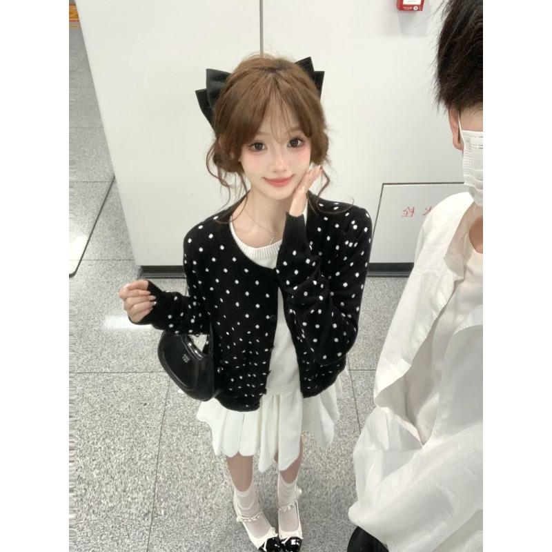 Age-reducing Polka Dot Knitted Cardigan Women's Spring and Autumn Niche Single-breasted Contrasting Long-sleeved Jacket Sweet Style Top