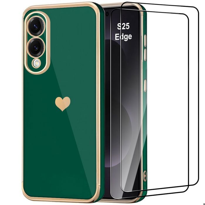 Coque pour Samsung Galaxy S25 Edge - BOOLING - Silicone avec Motif Cœur Slim Vert Nuit - 2 Verres Trempés