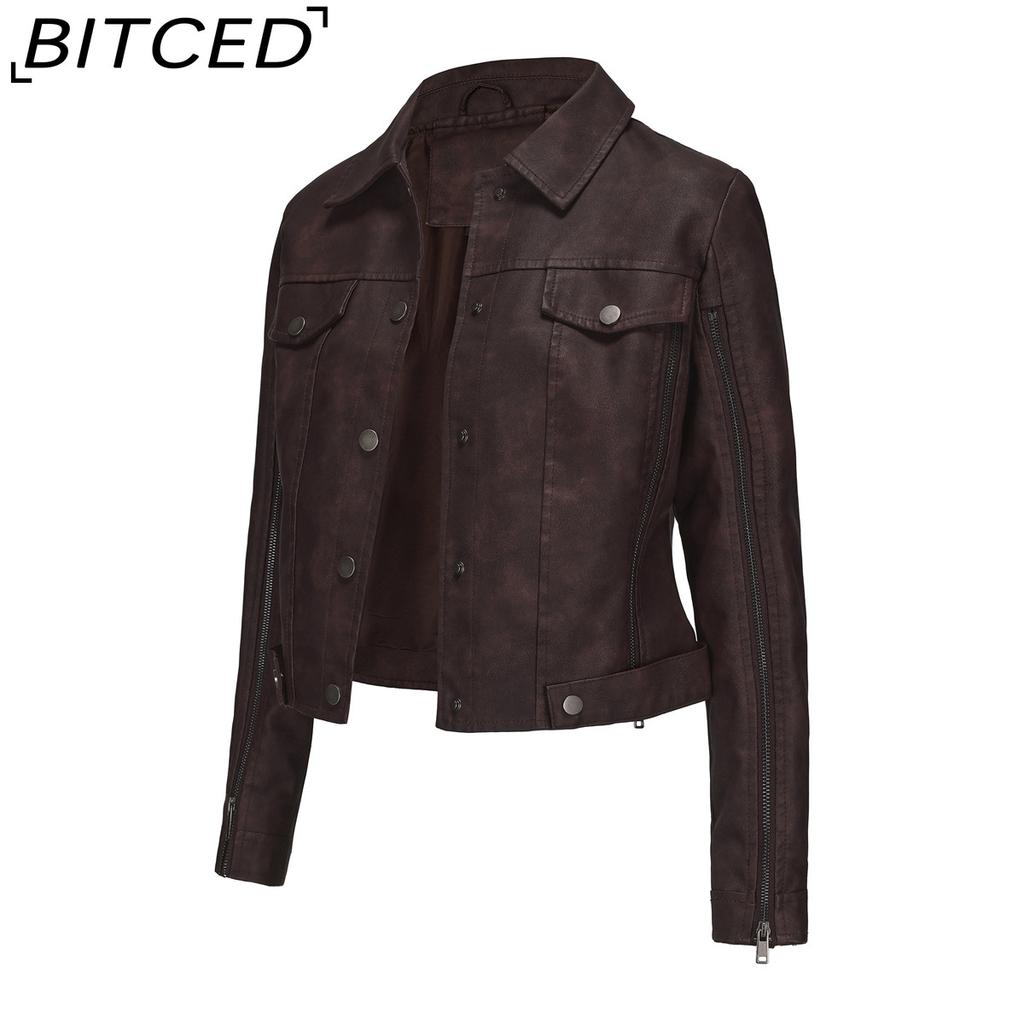BITCED Women's Fashion Multi-Zip Decorated Biker Jacket Long-Sleeved Cardigan Style Trendy Jacket Spring/Autumn Lightweight Leather Jacket