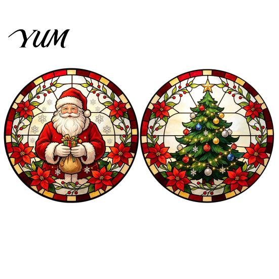 Christmas Party Glass Decorations Round Window Sticker, Stained Style, Removable Static Film Cling, Santa Claus Tree PVC Decal for Holiday Home Decor