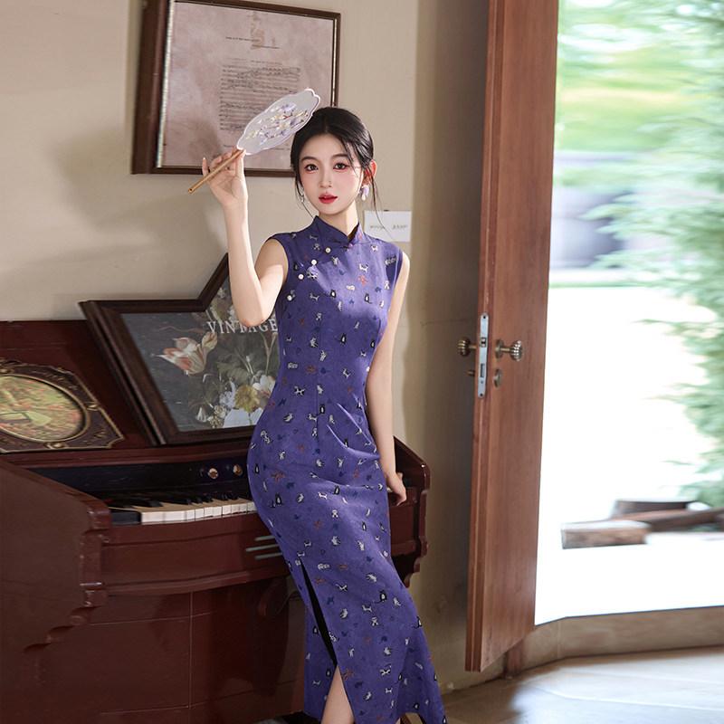 Purple sleeveless national style new Chinese daily Suzhou long cheongsam improved young 1011 new women's high sense