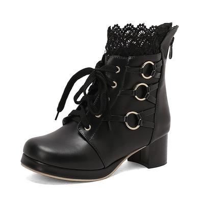 2025 Sweet Girls Ankle Boots Square Toe Chunky Heels 4cm Zipper Lace Up Metal Decoration Plus Size 47 48 Dating Bota